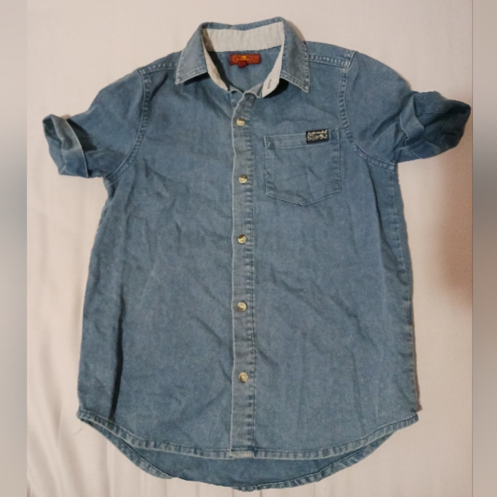 7 For All Mankind Boys S 5-6 Denim Button Down Shirt Rolled Cuff EUC